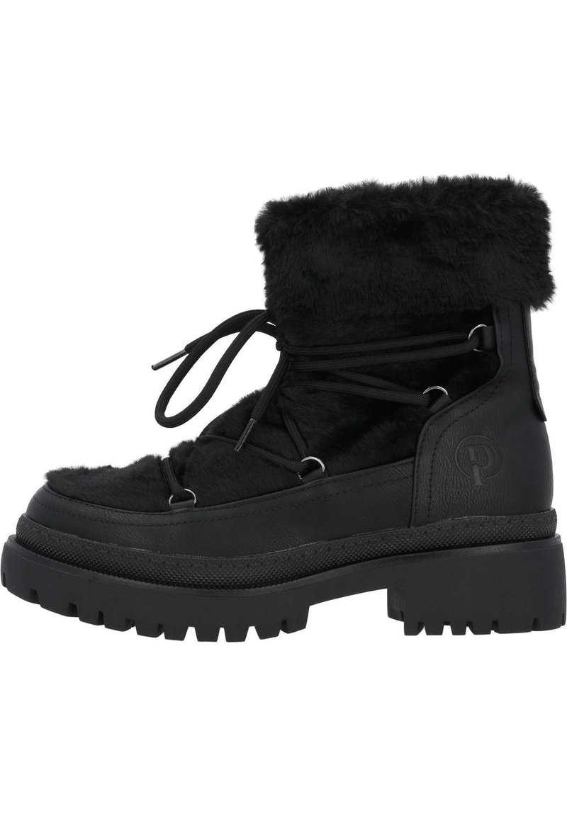 Botas de invierno negras con parte superior de piel sintética, cierre de cordones en la parte delantera, suela de goma y acentos texturizados para un mejor agarre. Altura a media pantorrilla con detalle de logo.