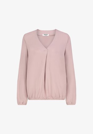 Helles rosa Langarmblusenshirt mit V-Ausschnitt, Plietse detail vorne, elastischem Saum und Bündchen, Etikett Sublevel Größe M.
