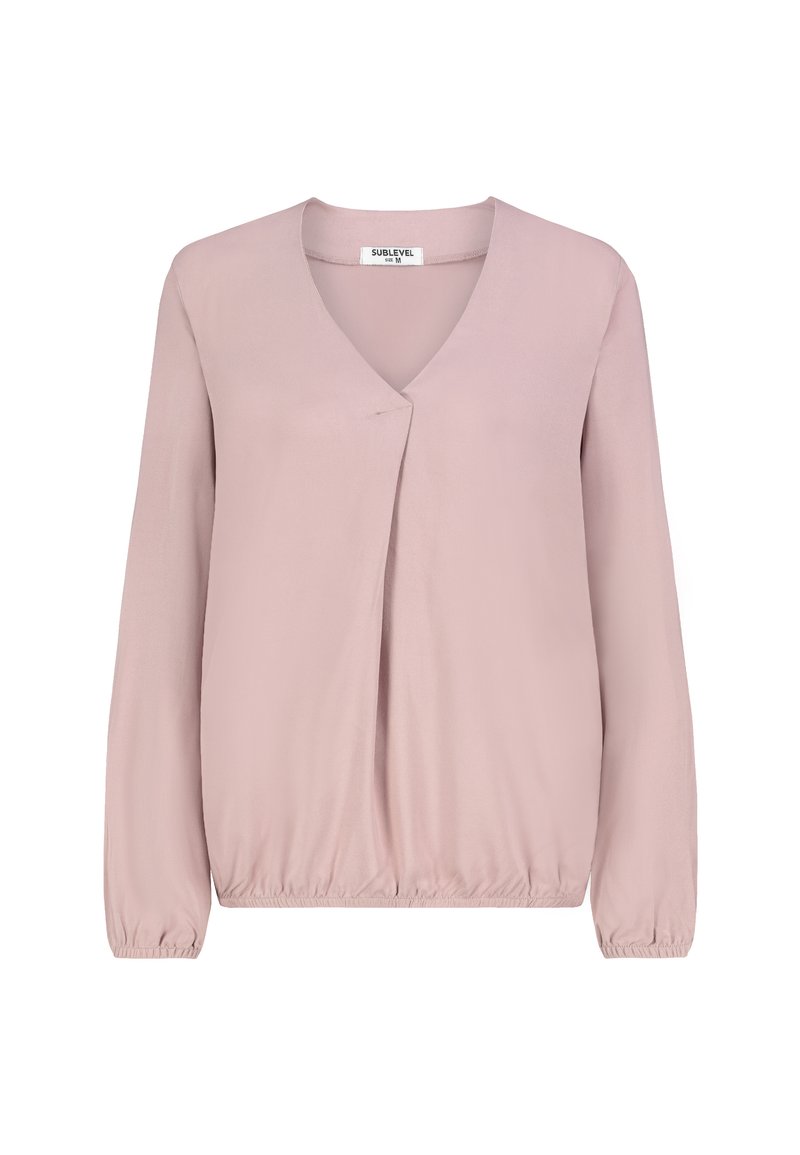 Helles rosa Langarmblusenshirt mit V-Ausschnitt, Plietse detail vorne, elastischem Saum und Bündchen, Etikett Sublevel Größe M.