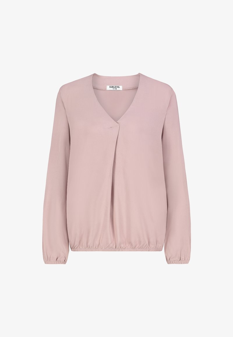 Helles rosa Langarmblusenshirt mit V-Ausschnitt, Plietse detail vorne, elastischem Saum und Bündchen, Etikett Sublevel Größe M.