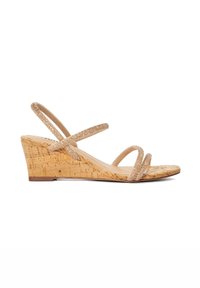 Beige wedge sandals featuring a cork base. Thin, crisscrossing straps adorned with sparkling details. Smooth texture with modern design.