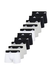 Set med 10 par boxershorts i en mix av svart, vitt och grått, med elastiska midjeband som har en vit logotypdesign.