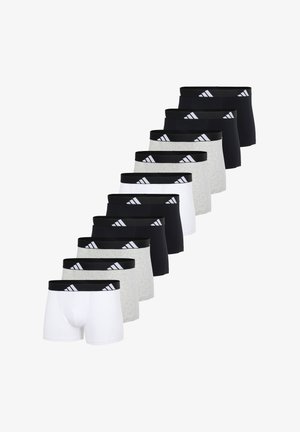 Set aus 10 Boxershorts in einer Mischung aus Schwarz, Weiß und Grau, mit elastischen Taillenbündchen, die ein weißes Logodesign zeigen.