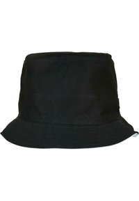 Schwarzer Bucket Hat aus strukturiertem Stoff, mit einem breiten, nach unten geneigten Rand und einem genähten Band am oberen Rand.