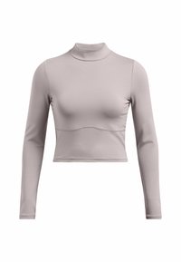Helles graues Langarm-Crop-Top aus glattem, dehnbarem Material mit hohem Kragen und einer Naht über der Brust.