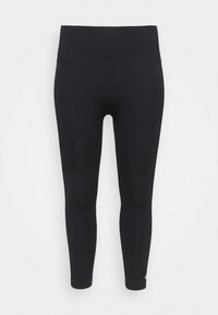 Leggings neri con vita alta, realizzati in materiale elasticizzato. Presentano una texture liscia e una lunghezza cropped, ideali per l'abbigliamento sportivo.