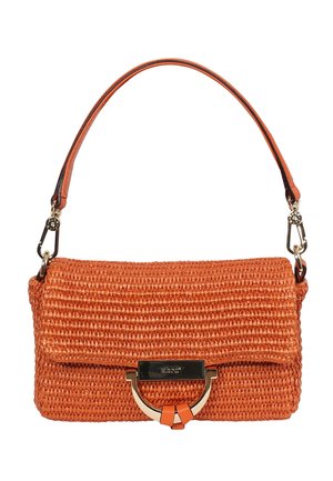 Orange woven handbag with top flap, gold-tone clasp, and single leather handle attached by metal clasps.