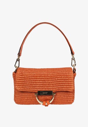 Orange woven handbag with top flap, gold-tone clasp, and single leather handle attached by metal clasps.