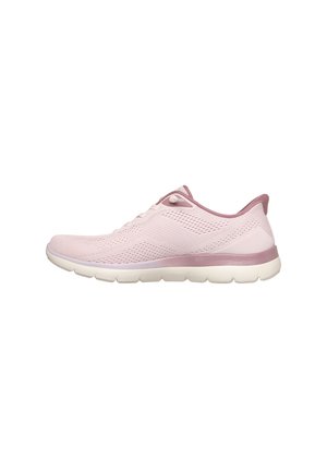 Light pink athletic sneaker with breathable mesh upper, white sole, and mauve trim, shown from the side on a white background.