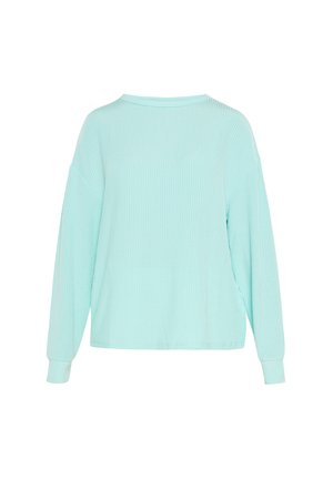 Menta zöld, hosszú ujjú, bordás textúrájú felső, laza fazonnal, széles nyakkivágással és oldalsó hasítékokkal a szabad mozgás érdekében.