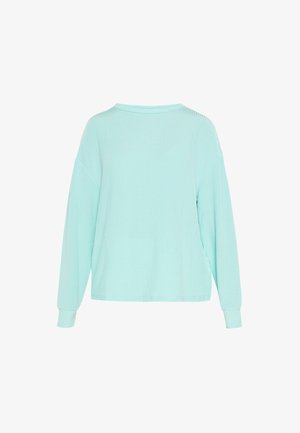 Menta zöld, hosszú ujjú, bordás textúrájú felső, laza fazonnal, széles nyakkivágással és oldalsó hasítékokkal a szabad mozgás érdekében.