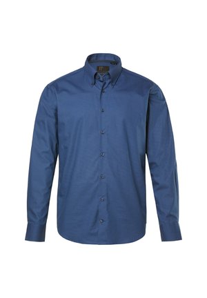 Miestenská košeľa s dlhým rukávom a gombíkmi v modrej farbe so jemným textúrovaným vzorom a gombíkovým golierom, vystavená na bielom pozadí.