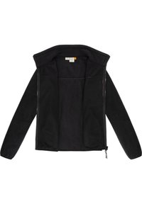 Veste en polaire noire avec une fermeture éclair frontale complète, un col haut et des manches longues. Texture douce, design minimal, sans motifs ni accents visibles.