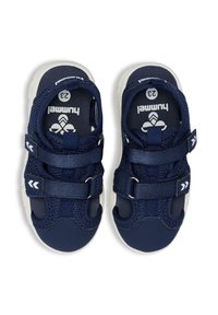 Pair of navy blue children's sandals with white soles, mesh and synthetic straps, and Velcro fastenings, size 23 labeled inside.