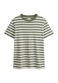 Gestreiftes T-Shirt in Hellgrün und Weiß, kurze Ärmel, Rundhalsausschnitt, aus Baumwollmaterial mit regulärer Passform und glatter Textur.