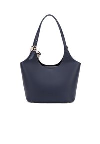 Borsa a spalla in pelle blu navy con texture liscia, manici larghi e un dettaglio in metallo dorato di lato. Design con apertura superiore.