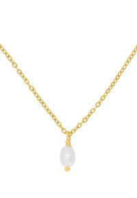 Collier en chaîne dorée avec un pendentif en perle ovale translucide et un petit accent rond doré en dessous de la perle.