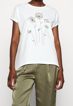 Hvid bomuldst-shirt med korte ærmer og rund halsudskæring, med blomsterlinjekunst fremhævet med guld og teksten "Make a Wish."