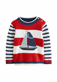 Suéter a rayas rojo y blanco con mangas a rayas azul marino y blanco, que presenta un diseño de velero de ganchillo. Botones en el hombro para facilitar su uso.