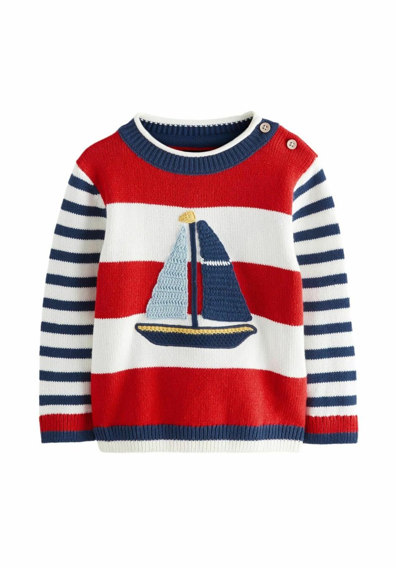 Red and white striped sweater with navy and white striped sleeves, featuring a crocheted sailboat design. Buttons on the shoulder for easy wear.