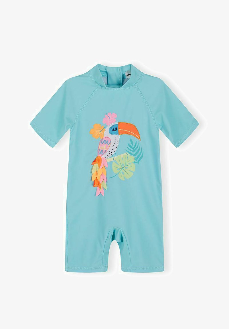 Maillot de bain pour enfants à manches courtes bleu clair avec un design coloré de toucan et de feuilles tropicales sur le devant.