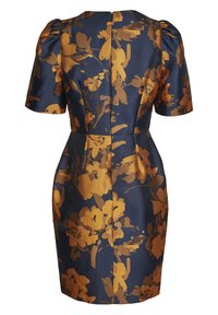 Blumenmusterkleid aus marineblauem Satin mit goldenen und bronzefarbenen Blütenmustern, kurzen Puffärmeln, tailliertem Design und einem Reißverschluss auf der Rückseite.