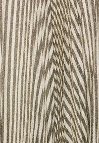 Detail látky s kovovými zlatými a béžovými pruhy ve stylu zebry, pokrytými třpytivými detaily, uspořádanými do vertikálních a šikmých vzorů.