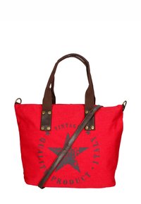 Borsa a spalla in tela rossa con dettagli in pelle marrone, con una grafica a stella e la scritta "PRODOTTO DI QUALITÀ VINTAGE ITALIA." Manici doppio e tracolla.