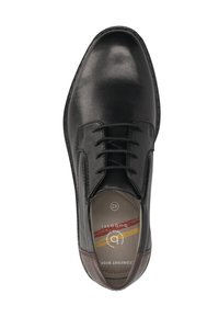 Schwarze Leder-Schnürschuhe für Herren mit rundem Zehenbereich, braunem Absatzdetail und gepolsteter Innensohle, Größe 42 und Komfortbreite.