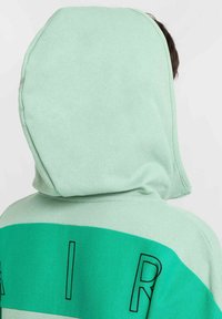 Mintgrön hoodie med en stor huva, prydd med ett horisontellt grönt rand och svart text. Mjuk textur, avslappnad design.
