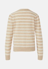 Pull à manches longues à rayures horizontales beige et blanc avec poignets et ourlet côtelés, vu de dos sur un fond uni.
