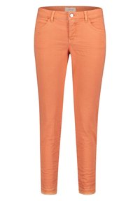 Orange denim skinny jeans with a classic five-pocket design, front button closure, and a smooth texture.