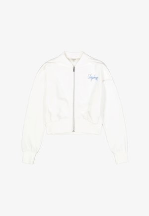 Veste bomber blanche raccourcie avec fermeture éclair, poignets et ourlet côtelés, arborant le mot "Daydream" brodé en bleu clair sur la poitrine.