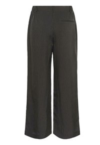 Wijde broek in donkere stof met verticale streepjes. Heeft een elastische tailleband en een achterzak, wat zorgt voor een verzorgde uitstraling.
