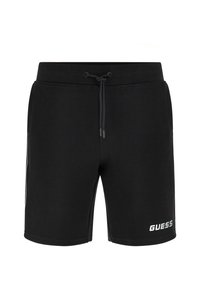 Czarne szorty bawełniane z elastycznym paskiem i sznurkiem. Posiadają białe logo "GUESS" po lewej stronie na dole oraz gładką teksturę.