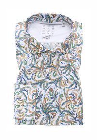 Maglietta performance bianca con un vivace motivo paisley nei colori blu, verde e arancione. Include un colletto alla francese e una tasca sul petto.