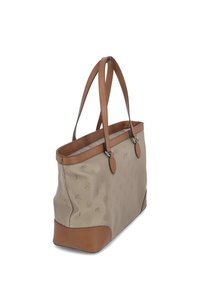 Borsa tote beige con accenti in pelle marrone, caratterizzata da un corpo in tessuto testurizzato e due manici. Dettaglio del logo semplice sul davanti.
