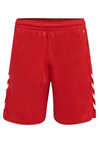 Pantalones cortos deportivos rojos con cintura elástica, que presentan franjas blancas inclinadas a los lados, hechos de una tela suave y ligera.
