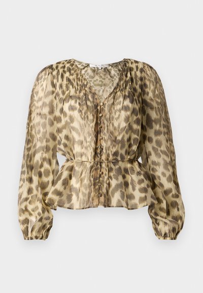 Bluse mit Leopardenmuster, V-Ausschnitt, langen Puffärmeln, gefaltetem Vorderteil und taillierter Taille mit Knopfverschluss. Aus transparenter Stoff gefertigt.