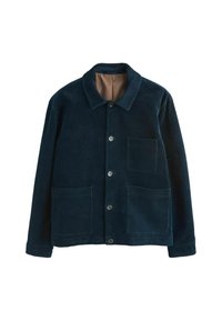 Giacca di velluto a coste blu scuro con collo, chiusura anteriore con bottoni e due grandi tasche a toppa nella parte anteriore inferiore. Texture morbida.