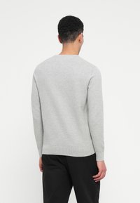 Άνδρας με κοντά σγουρά μαλλιά φοράει ανοιχτό γκρι ριγέ μακρυμάνικο πουλόβερ και μαύρα παντελόνια, στέκεται με την πλάτη προς τον θεατή σε λευκό φόντο.