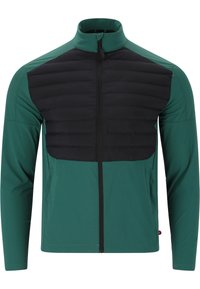 Giacca verde e nera con zip frontale, sezione superiore imbottita, tessuto inferiore liscio, colletto rialzato e maniche lunghe.