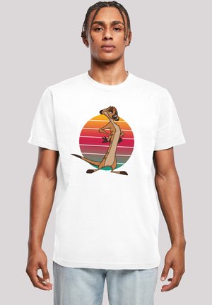 White cotton t-shirt featuring a cartoon character in front of a multicolored sunset circle design. Short sleeves and round neck.