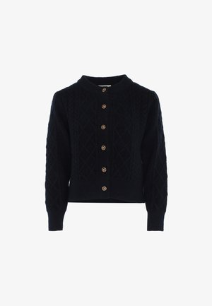 Cardigan tricotat de culoare albastru închis, cu guler rotund, având modele în diamante și șase nasturi aurii pe față. Țesătură texturată.