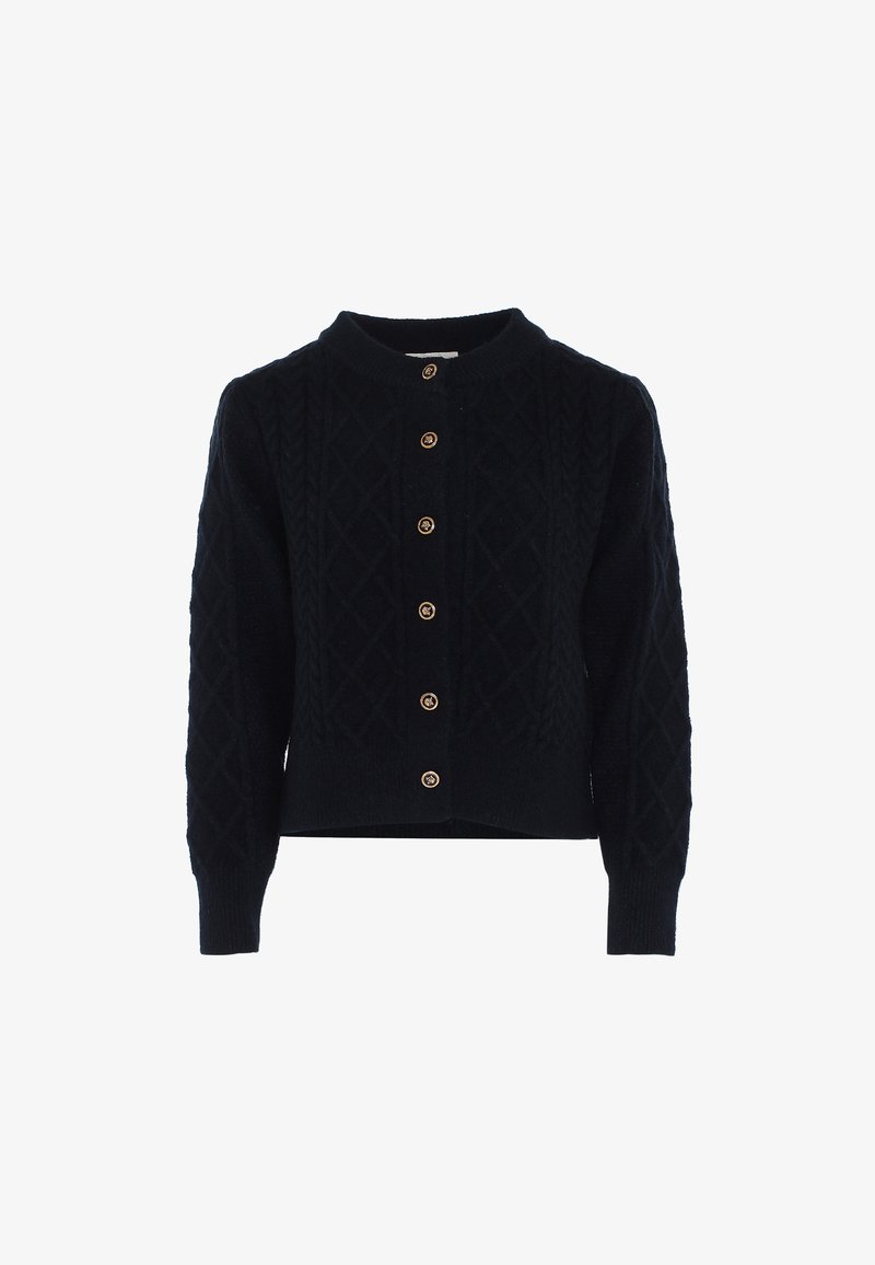 Donkerblauwe gebreide cardigan met een ronde halslijn, voorzien van ruitpatronen en zes gouden knopen aan de voorkant. Gestructureerde stof.