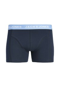 Boxer briefs pour hommes bleu marine avec bande élastique bleu clair ornée du texte blanc "JACK & JONES", détails de couture flatlock.