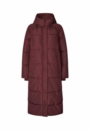 Lang gevoerd maroon winterjack met capuchon, volledige rits aan de voorkant en zijzakken, ontworpen voor warmte en koud weer.