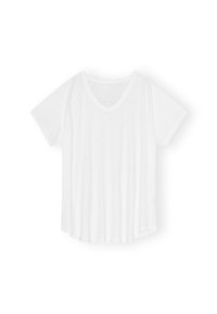T-shirt bianco in cotone con scollo a V, maniche corte e vestibilità comoda. Il tessuto è leggero con una superficie leggermente testurizzata.