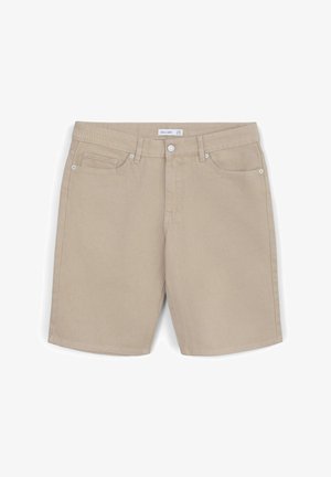 Pantaloni shorts in denim beige con frontale piatto, cinque tasche, rivetti argentati e etichetta con la scritta "CALLIOPE." Texture liscia, design fino al ginocchio.