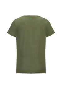 T-shirt verde oliva a maniche corte realizzato in tessuto morbido, con scollatura rotonda e design semplice, dotato di un'etichetta sul retro.